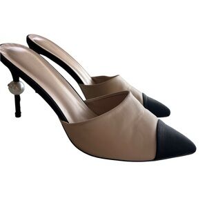 Beige and Black Pearl-Accent Women's Slingback Heels Chanel Size 39